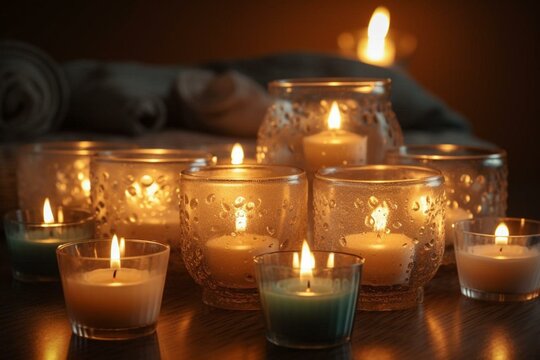 The image features an attractive arrangement of glowing candles in a serene spa setting. Generative AI