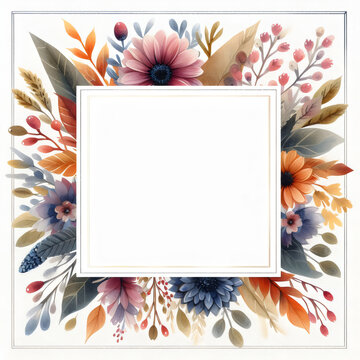 Watercolor floral frame with white space for your text or image.