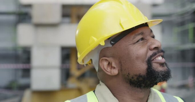 Thinking, construction or happy black man with vision or ideas for architecture design or building. Engineering inspection, industrial development or face of builder, maintenance worker or contractor
