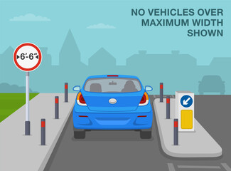 Naklejka premium Safe driving tips and traffic regulation rules. No vehicles over maximum width shown. Back view of a car approaching traffic island. Flat vector illustration template.