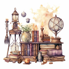 Enchanted Alchemist's Bookshelf - Watercolor Illustration of Magical Study Room - obrazy, fototapety, plakaty