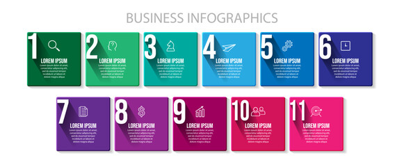 business infographic 11 parts or steps, there are icons, text, numbers. Can be used for presentation banners, workflow layouts, process diagrams, flow charts, info graphics, your business presentation