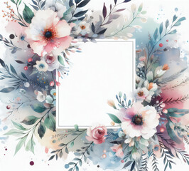 Watercolor floral greeting card. Hand-painted background with flowers and leaves.
