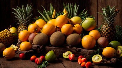 healthy organic food, diet, AI generated fruits, sweet oranges, lime, pineapple, pears, kiwi, coconuts