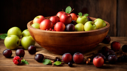 Naklejka na ściany i meble healthy organic food, diet, AI generated, bowl with apples, plums, cherries on the table