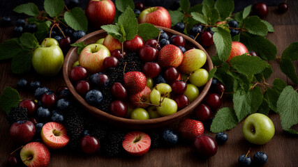healthy organic food, diet, AI generated, bowl with blueberries, apples, plums, blackberries, cherries