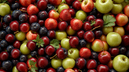 healthy organic food, diet, AI generated, texture with apples, plums, cherries, strawberries