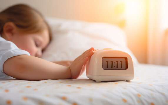Digital alarm clock in little girl hand sleep on the bed. Child's hand mute the alarm clock on the white bed in the bedroom. Wake me up to go to school. Soft focus and blurred.