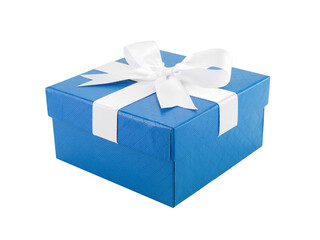 blue gift box with ribbon bow wrapping cross on lid isolated on transparent