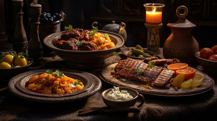 arabic and middle eastern dinner on wooden table with a candle