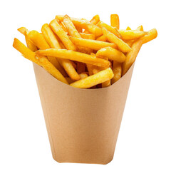 French Fries in Paper Container on White Background