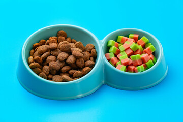 Dogs food in bowl and snacks on blue background