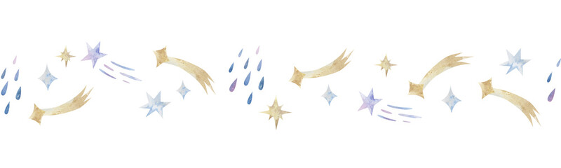 Watercolor illustration of shooting stars. Horizontal seamless pattern. Children's border of stars.