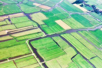 Fototapeta premium schiphol, netherlands - July 20 2010 : an aerial view of the typical dutch countryside with canals