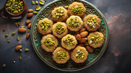 arab sweets. delicious traditional eid semolina maamoul or mamoul - obrazy, fototapety, plakaty