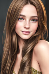 Fototapeta premium A painting of... Sun-Kissed Smile Unveiling Inner Harmony, Moonlight Draped on Velvet Eyes, Woven Threads of Story in Every Brushstroke, Where Strength Blooms Like a Delicate Rose.