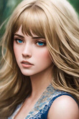 Naklejka premium A painting of... Sun-Kissed Smile Unveiling Inner Harmony, Moonlight Draped on Velvet Eyes, Woven Threads of Story in Every Brushstroke, Where Strength Blooms Like a Delicate Rose.