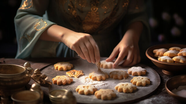 arabic woman hands making ied sweets cookies and mamoul