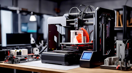3D printer on workplace of engineer maker with abstract tech schema of additive technologies