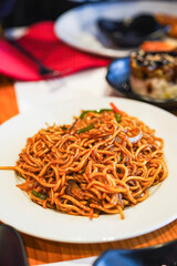 Stir-fried yakisoba noodles with vegetables.