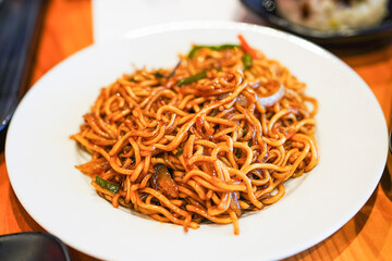 Stir-fried yakisoba noodles with vegetables.