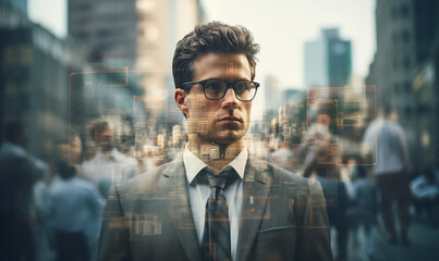 Business person in the city, Double exposure
