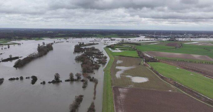 Overflow and high water, river Ijssel overflowing because of excessive rain and meltwater.