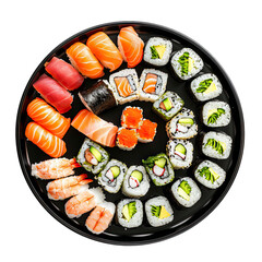 Plate of Sushi isolated on white background, top view