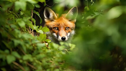 A red fox peeking out from a dense hedgerow, a common feature on farms with mixed habitats that act as corridors for wildlife movement and protection.
