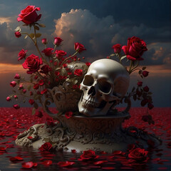 Skull Resting on Vase of Flowers