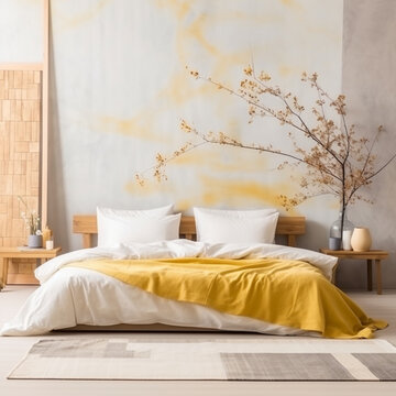 Modern home design decoration, yellow wall, double bed, plants on the bedside table, decorative paintings on the wall, colorful lights on the roof
