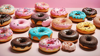 Assorted Doughnuts Arranged on Table for Sale at Local Bakery