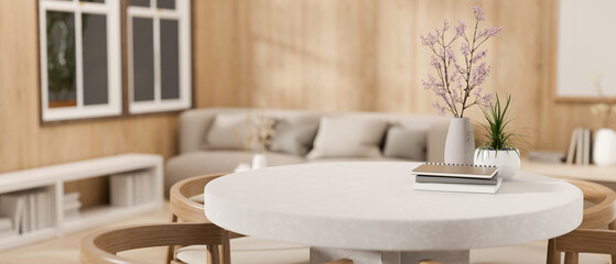 Copy space for displaying your product on a white table in a beautiful, cosy living room.