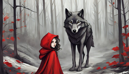 Little girl dressed in red with a wolf behind her in a forest