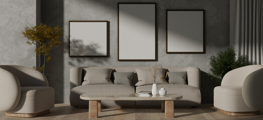 Interior design of a modern, loft living room with comfortable couches, a coffee table, and decor.