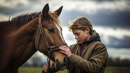 Amidst nature's beauty, a young and stunning boy shares an affectionate moment, embracing a horse - obrazy, fototapety, plakaty