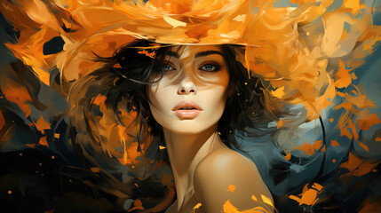 A stunning digital art portrait of a woman surrounded by vibrant orange autumn leaves in a surreal and artistic display.