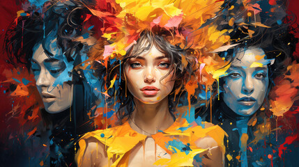 Vibrant abstract painting of a female face with vivid colors and expressive paint splashes, illustrating modern artistic beauty.