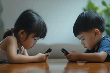 two asian kids playing smartphone no talking to each other - Powered by Adobe