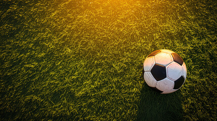 football on green grass, top view soccer ball on grass field with free space