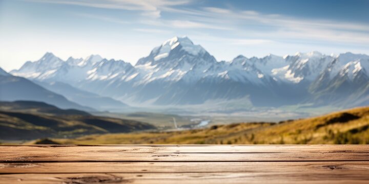 The empty wooden brown table top with blur background of Mount Cook landscape. Exuberant image. generative AI