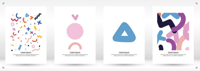 Abstract Minimal Vector Background in Trendy Doodle Style.   Vibrant Graphic Print with Dynamic Lines and Geometric Shapes.  Set of Vivid Poster 80s - 90s Design for Landing Page, Cover, Brochure.