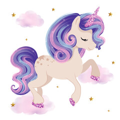 Cute cartoon unicorn, vector illustration for kids artworks, t shirt prints, wallpapers.