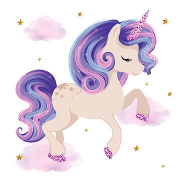 Cute cartoon unicorn, vector illustration for kids artworks, t shirt prints, wallpapers.
