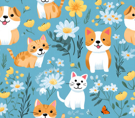seamless pattern with cats and dogs and flowers