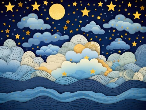 Painting, Night Sky With Stars and Clouds - Serene and Tranquil Landscape Art, Patchwork Style