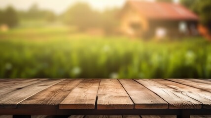The empty wooden brown table top with blur background of farm and barn. Exuberant image. generative AI - obrazy, fototapety, plakaty