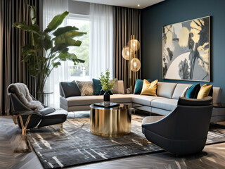 A modern living room with a two-tone color scheme and metallic accents