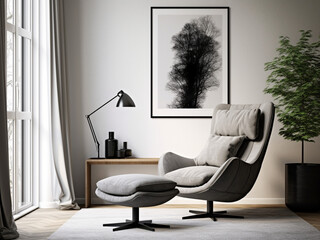 A minimalist living room with a statement armchair and a monochrome palette