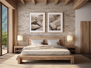 Bedroom in beige tones The interior is made of wood and the walls and head of the bed are stone. With wall mounted picture frame.